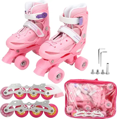 Immagine prodotto di pattini a rotelle 2 in 1, rosa, per bambini, adulti, ragazze, signore, all'aperto, al coperto, taglia XS 27-30