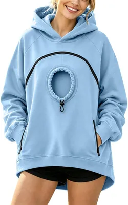 Produktbild von ASKSA Hoodie Damen Herren Uni Pullover Katzenpullover Mit Zipper Tasche,Pullover Mit Hundetasche Katzentasche (Himmelblau,M)