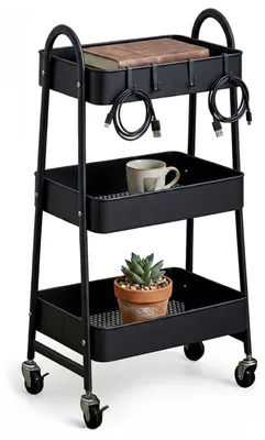 Immagine prodotto di Carrello Relaxdays, 3 ripiani, carrello multiuso con ganci, per hobby, ufficio, bagno, carrello da cucina; Dimensioni: 80x44x32 cm, metallo, PP, nero