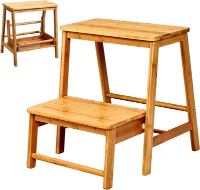 Produktbild von 2 stufiger Tritthocker Bambus, Trittleiter klappbar, Hockerleiter bis 100kg belastbar, Multifunktionaler Haushaltsleiter (Natur)