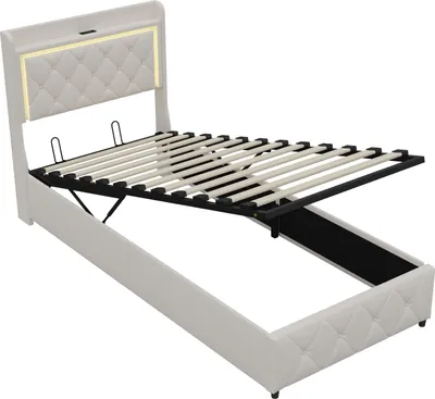 Obrázok produktu pre Jednolôžko 90 x 200 cm – detská a mládežnícka posteľ – hydraulický úložný priestor – LED osvetlenie – USB port na nabíjanie – drevený rošt – zamatový poťah v béžovej farbe