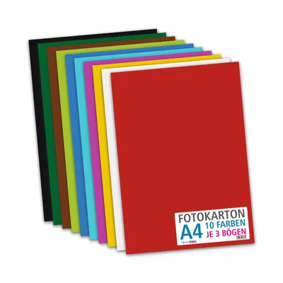 Produktbild von itenga Fotokarton - DIN A4 - 300 g/qm 30 Blatt - 10 Standardfarben - pro Farben je 3 Blatt