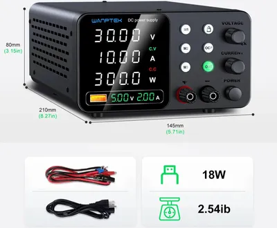 Obrázek produktu pro Laboratorní napájecí zdroj – nastavitelné stejnosměrné napájení – 0–30 V, 0–10 A – funkce nabíjení přes USB – jeden výstup – zástrčka typu EU