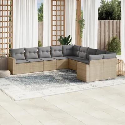 Produktbild von Design 10-tlg. Garten-Sofagarnitur mit Kissen Beige Poly Rattan, Gartensofas 2024 Neu