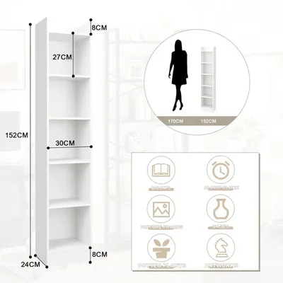 Image de Bibliothèque - Étagère sur pied à 5 niveaux - Rangement ouvert - 24 x 30 x 150 cm - Pour le salon/bureau - À monter - Blanc