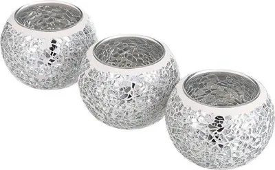 Imagen del producto de Juego de 3 portavelas de mosaico de vidrio – portavelas redondos de plata, diámetro 10 cm, altura 7 cm, de vidrio, ideales para decorar mesas y como regalo