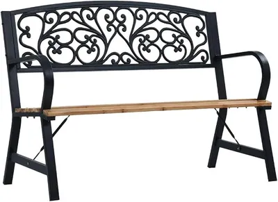 Imagen del producto de Banco de jardín de 120 cm de madera, con asiento de madera maciza resistente a la intemperie y respaldo de hierro fundido, ideal para terraza, balcón, porche o jardín. Es un banco robusto para dos personas