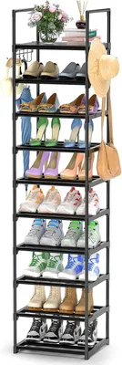 Image de Étagère à chaussures Kottwca : étagère à chaussures en métal noir à 10 niveaux, avec des crochets polyvalents et un maillet en bois, idéale pour l'entrée, le salon ou la chambre