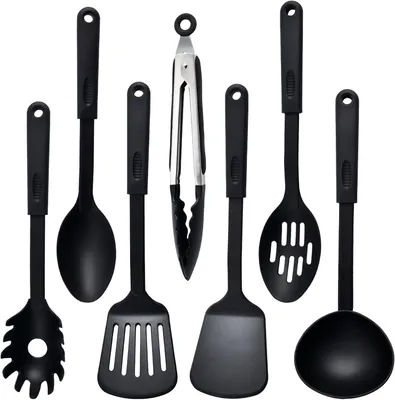 Image de Ensemble d'ustensiles de cuisine en nylon comprenant 7 pièces, vaisselle de cuisson résistante au lave-vaisselle, adaptée aux poêles antiadhésives, ensemble d'ustensiles de cuisine et accessoires, couleur noire