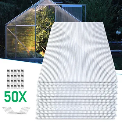 Produktbild von ISOISL Polycarbonat Stegplatten Set 14 Stück 4 mm klar, 0,6 kg/m², für Gewächshaus, Dach & Terrasse, inkl. 50 W-Clips & 50 Z-Clips aus 304 Edelstahl