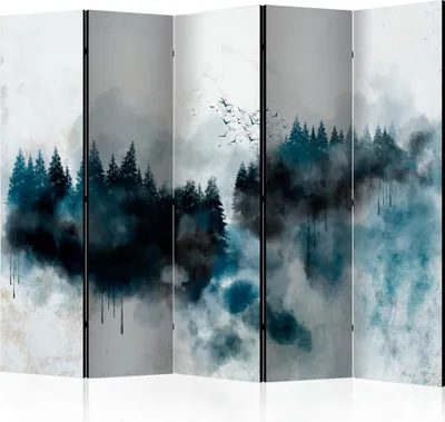 Produktbild von Neuheit! Dekorativer Paravent Raumteiler Trennwand Foto-Paravent Spanische Wand XXL WALD NEBEL VOGEL ABSTRAKT 225x172 cm c-A-0211-z-c