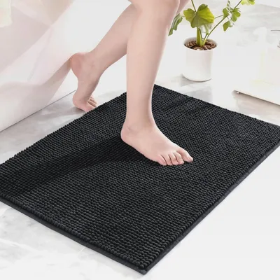 Produktbild von Badematte Fußmatte Chenille Badezimmerteppich, Waschbar, Saugfähig und rutschfest Badvorleger Badteppich für Dusche Badezimmer, Schwarz, 40 x 60 cm