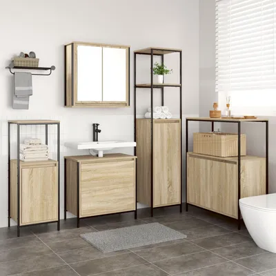 Produktbild von 5-tlg. Badmöbel-Set Sonoma Eiche Holzwerkstoff, Badezimmerschränke DesignMöbel Neu