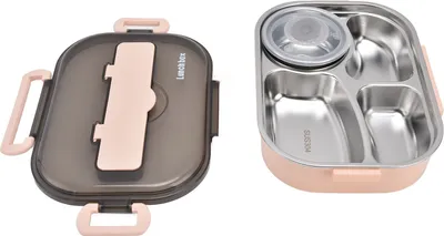 Produktbild von Tragbare Lunchbox für Kinder aus 304 Edelstahl, 1,3 l, Bento-Box mit vier Fächern, mit Suppenschüssel, Essstäbchen, Löffel