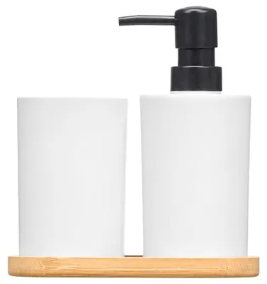 Produktbild von BERILO Badezimmerset 2er Set Badaccessoires-Set Zahnputzbecher Seifenspender weiß Bad