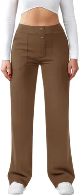 Productafbeelding van Dames wijde broek met hoge taille, rechte pijpen, knoopsluiting, zakken en stretch in bruin