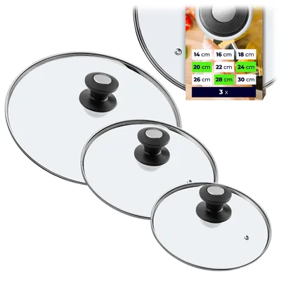 A collage of glass pot lids of different sizes, with a text overlay showing sizes and quantity.