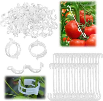 Produktbild von 150 Stück Tomatenklammern, Pflanzenstützklammern und J-Tomatenhaken, Kunststoff-Spalierklammern, Gemüsekäfige, Weinreben-Gartenklammern für Tomaten, Gurken, Trauben, Melonen