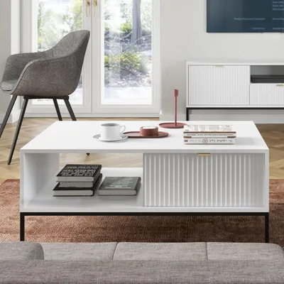 Obrázok produktu pre Konferenčný stolík NANAIMO - biely - zlaté úchyty - so zásuvkou - šírka 104 cm, výška 48 cm, hĺbka 68 cm