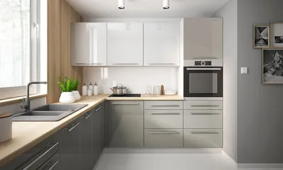 Produktbild von Küchenzeile 245x240cm grau / verkehrsweiß - seidengrau Hochglanz lackiert L-Form Küchenblock