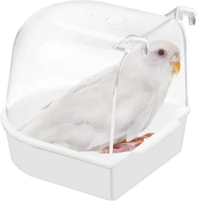 Produktbild von Kleines Vogelbad, Hängendes Vogelbad, Vogelkäfigzubehör mit Haken, Halbkreisförmiges Kunststoffbad für Finken, Sittiche und Lerchen, 13,3 x 13 x 13 cm