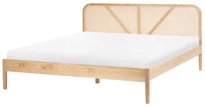 Produktbild von BELIANI Bett Hellbraun Kiefernholz mit Lattenrost 180x200 cm hohes Kopfteil Wiener-Geflecht Retro Design Schlafzimmer Holzbett Doppelbett Bettrahmen
