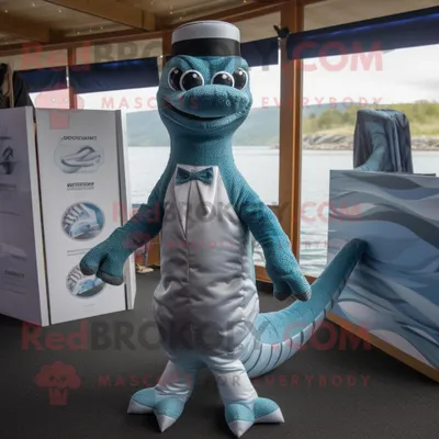 Productafbeelding van Silver Loch Ness Monster mascotte REDBROKOLY kostuum karakter gekleed met een pak en buikbanden