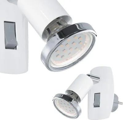 Two close-up views of a white and chrome LED wall lamp with a switch.