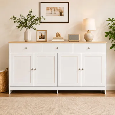 Productafbeelding van Merax commode met drie lades en vier kleppen, dressoir in landelijke stijl, opbergkast, salontafel, 160x75x37cm, wit, AI-gegenereerde afbeelding