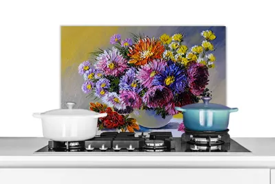 Produktbild von KitchenYeah® Spritzschutz Küche - Küchenrückwand - Wandschutz für Herd und Spüle - Ölfarbe - Blumen - Stilleben 70x50 - Alu-Dibond (Alternative zum Spritzschutz aus Glas) - Hitzebeständig - Herdsprit