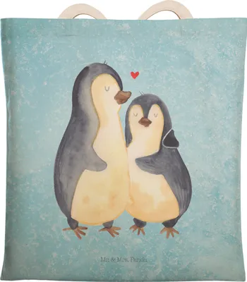 Produktbild von Mr. & Mrs. Panda Tote Bag Pinguin umarmen - Eisblau - Geschenk, Einkaufstasche, Verknallt, Hochzeitstag, Liebe, Stoffbeutel, Tasche, Umarmung Verliebt, Stofftragetasche