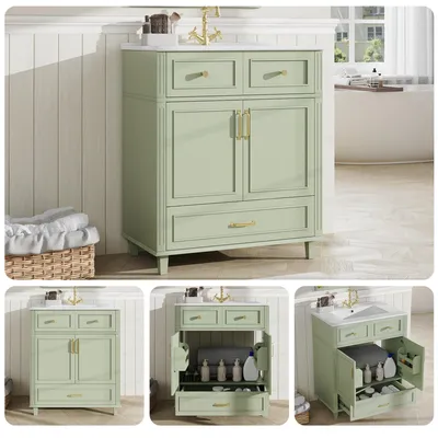 Image de Meuble sous-vasque vert avec vasque en céramique de 81 cm de large, sur pied, ensemble de meubles de salle de bains moderne, meuble de salle de bains avec tiroir à fermeture en douceur et étagère ouverte