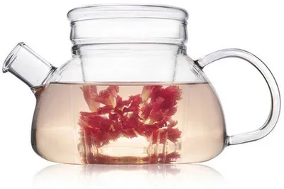Zdjęcie produktu dla Czajnik szklany Unyqoos® z sitkiem – 600 ml (3–4 filiżanki), wykonany z borokrzemianu, odporny na wysokie i niskie temperatury (-50–150 °C), z odpinanym wkładem szklanym, przeznaczony do użytku na kuchenkach gazowych i indukcyjnych