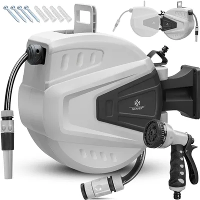 Produktbild von KESSER® Schlauchtrommel Wasser Schlauchaufroller Inkl. 2-Wege-Verteiler + Multi-Handbrause Wasserschlauchtrommel Automatik | 180° Schwenkbar | Wandhalterung | Gartenschlauch | Orange