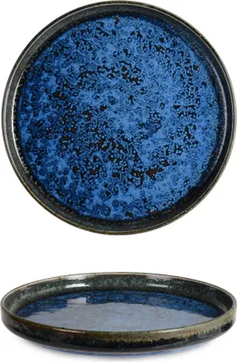 Two views of a blue and black speckled ceramic plate against a white background.