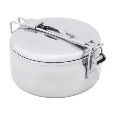 A stainless steel pot with a lid and latch.