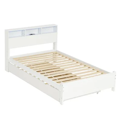 Produktbild von Flieks Holzbett Klassisches Bett 120x200cm mit Ladefunktion & LED, Doppelbett Jugendbett mit Ausziehbett 90x190cm, Kinderbett mit Staufach, Weiß
