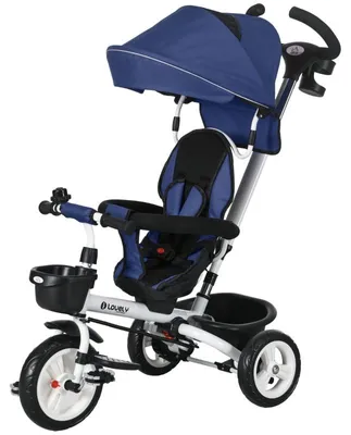 Produktbild von 6-in-1 Kinderdreirad mit Schiebestange | Farbe: Dunkelblau | Abmessungen: 50x112x104 cm