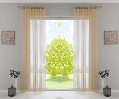 Produktbild von 2er Set Fadengardine , HxB 250x140 cm, Sand mit Tunneldurchzug und eingenähtem Kräuselband, geeignet für Gardinenstangen und Gardinenschienen Fadenvorhänge Fadenstores Raumteiler 20303CN2