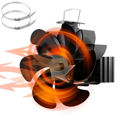 Produktbild von ISOISL Kaminofen Ventilator magnetisch mit 6 Flügeln, 2 Rohrschellen und Schraubendreher, Schwarz