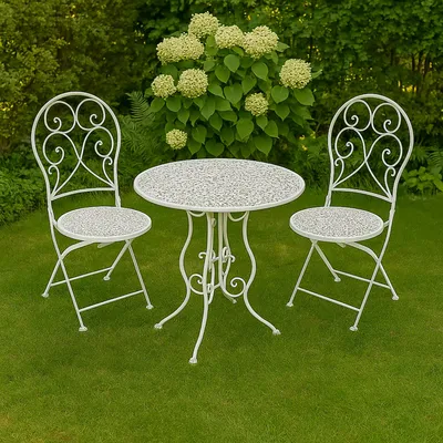Produktbild von Bistroset aus Metall 3-teilig Weiß Klapptisch Ø 60 cm 2 Klappstühle