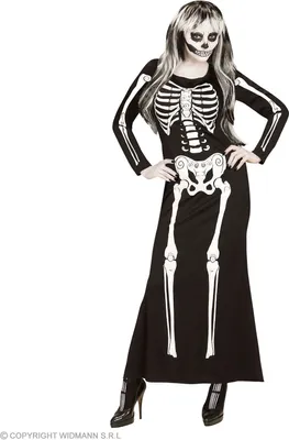 Produktbild von Skelett Girl Kostüm für Damen | Langes Kleid mit Skelettdruck - Schwarz Größe: L
