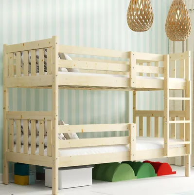 Produktbild von Interbeds Etagenbett Hohbett Stockbett aus Kiefernholz roh mit Leiter und Lattenrost Naturholz Schublade
