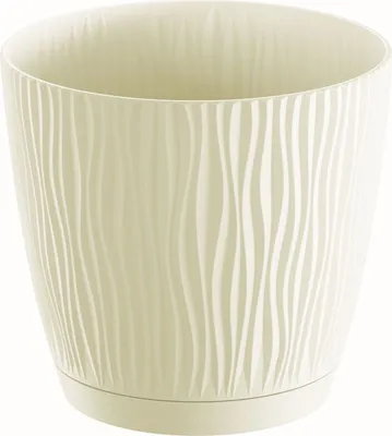 A cream-colored plant pot with a textured wavy pattern and a matching saucer, isolated on a white background.