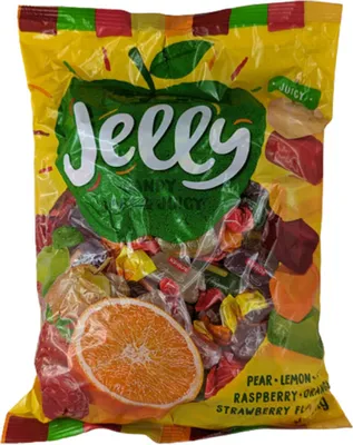 A bag of assorted jelly candies with fruit flavors.