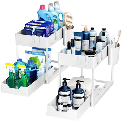 Produktbild von Set mit 2 Spülbeckenregalen, 2-stöckiges Küchenregal, multifunktionales Küchenregal, Gewürzregal, Unterbauregal, Spülbeckenregal – weiß