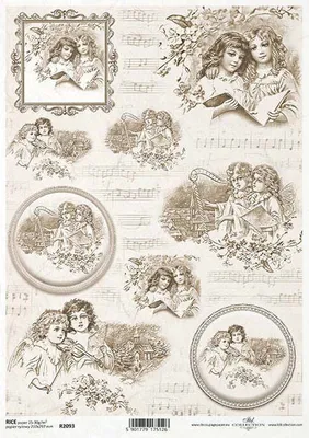 Immagine prodotto di ITD carta di riso per decoupage, angeli vintage, cornici decorative, spartiti musicali R2093