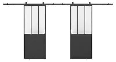 Produktbild von Industrielle Doppelschiebetüren für die Wandmontage - Schwarz und gehärtetes Glas - 2 x H 205 x B 73 cm - ARTISTO II