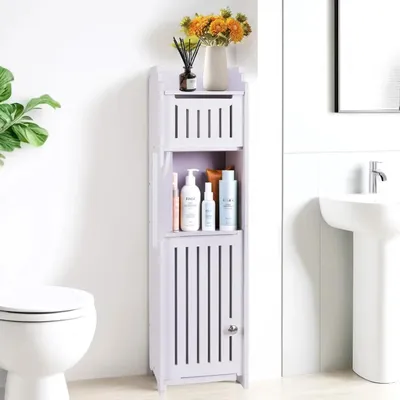 Zdjęcie produktu dla Szafka łazienkowa – szafka stojąca – z drzwiami – 78 x 20 x 18 cm – 3 półki – smukła konstrukcja – wymaga montażu – biała