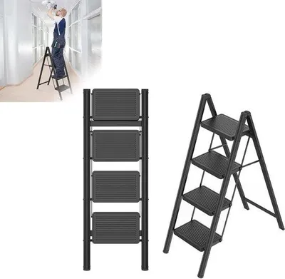 Productafbeelding van Trapladder 4 treden - Inklapbaar opstapje - Huishoudelijk werk - Brede antislip treden - 270 kg belastbaar - Zwart
